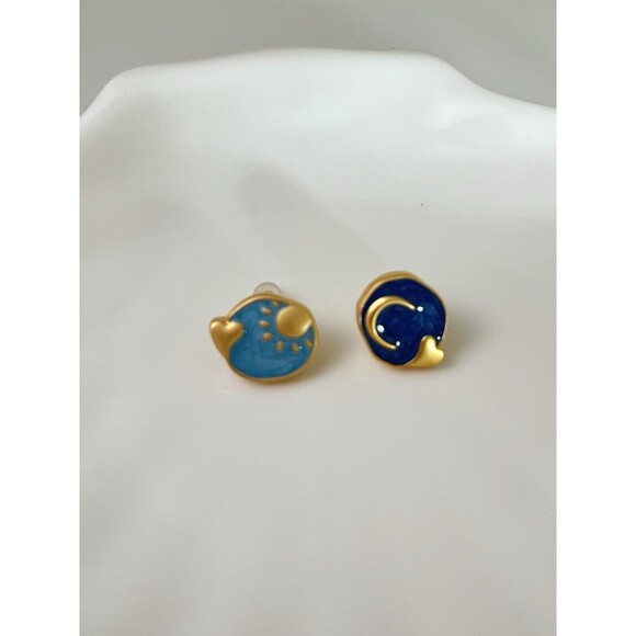 Stud Earrings Blue Gold Plated Earring Handmade Asymmetry Moon Sun Star - Picture 2 of 4
